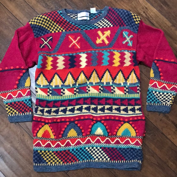 Vintage 90s Hand Knit Heavy Geometric Sweater - Picture 1 of 7